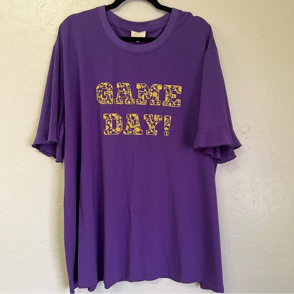Layerz Embroider Game Day Spirit‎ Tee Purple Gold Yellow Sports Ruffle Sz 3X NWT